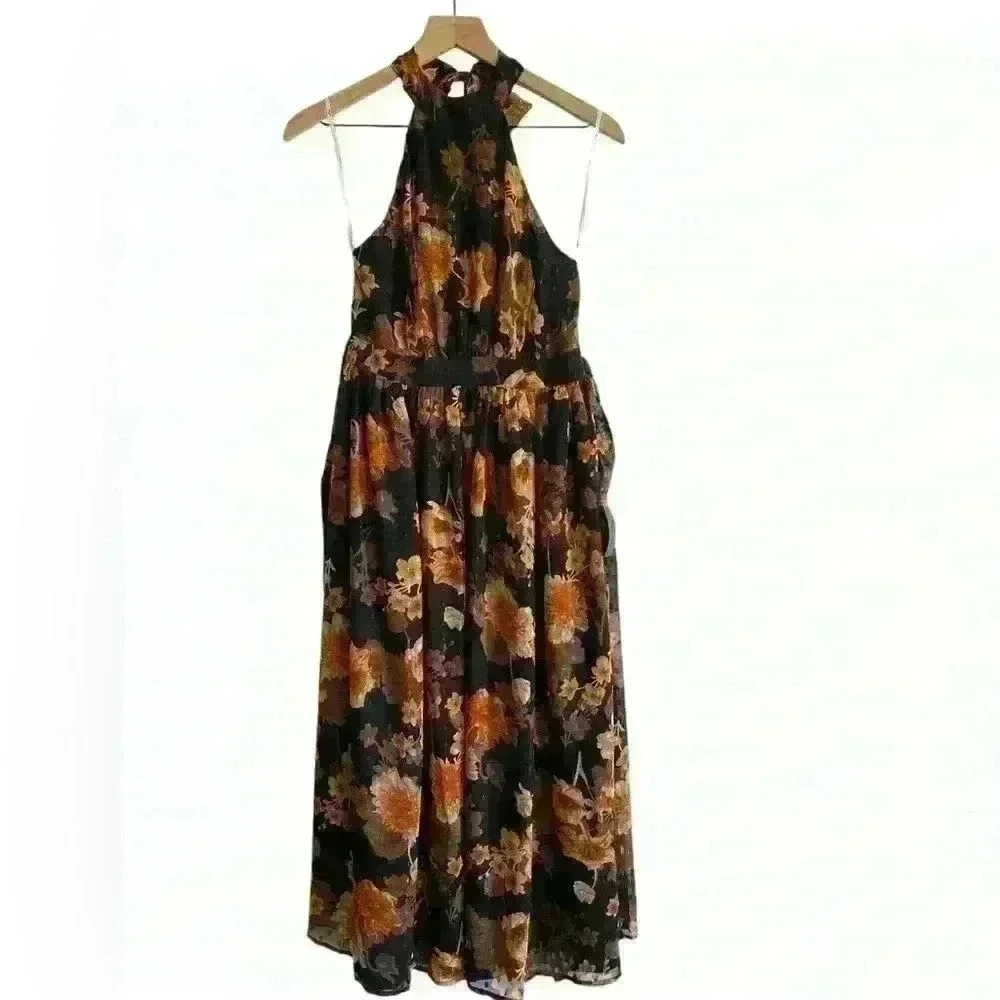 Lulu's Black Floral Midi Dress with Gold & Rust Blooms
